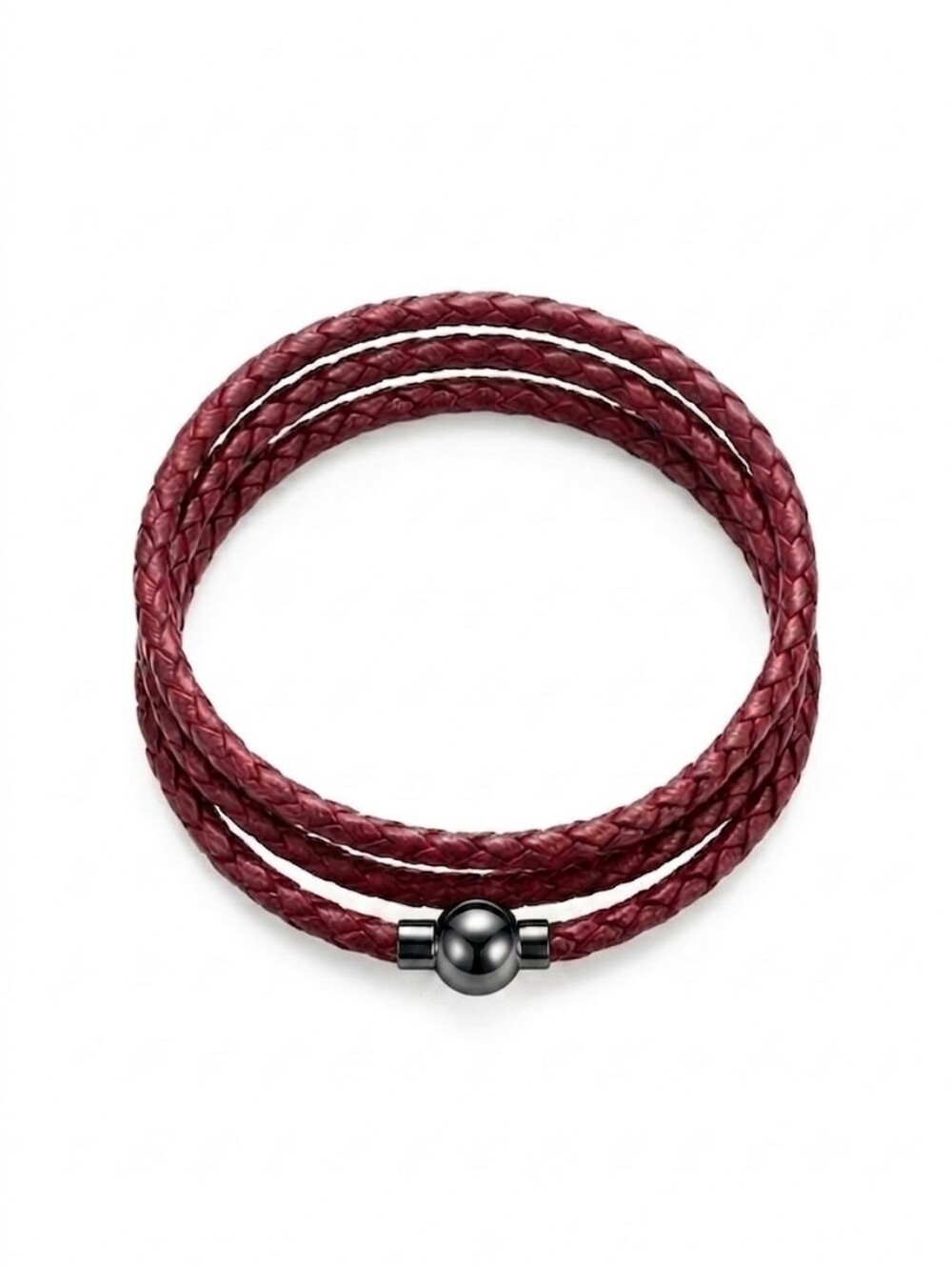 Linx Triple Wrap Burgundy Leather Braided Bracelet with Black Magnetic Clasp